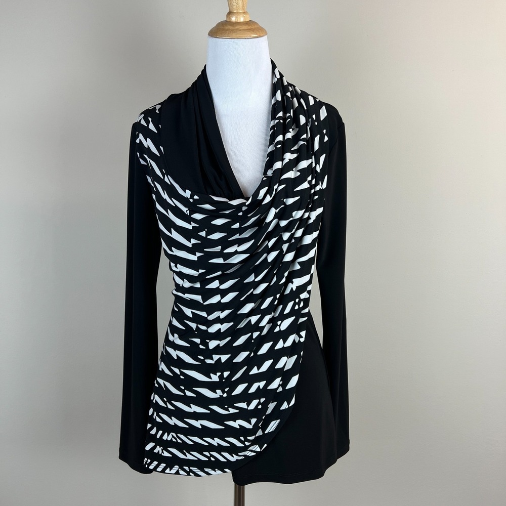 Joseph Ribkoff Draped Blouse Top Womens 8 Black White Geometric Cowl Neck Jersey
